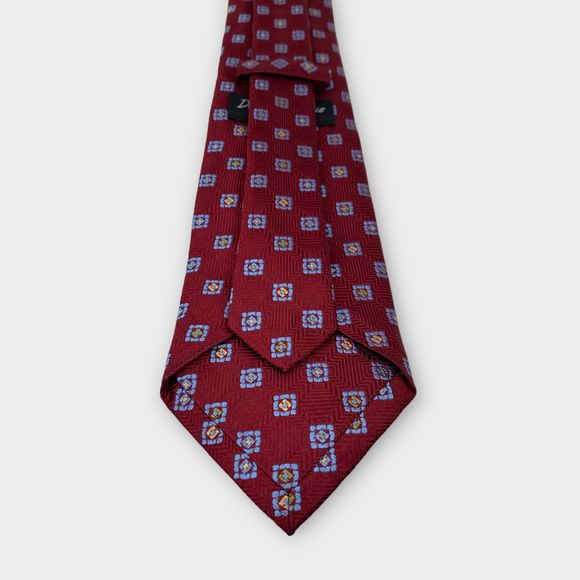 $135 David Donahue Mens Red Blue Medallion Italian Silk Handmade Tie 60L x 3.5 - Picture 12 of 12